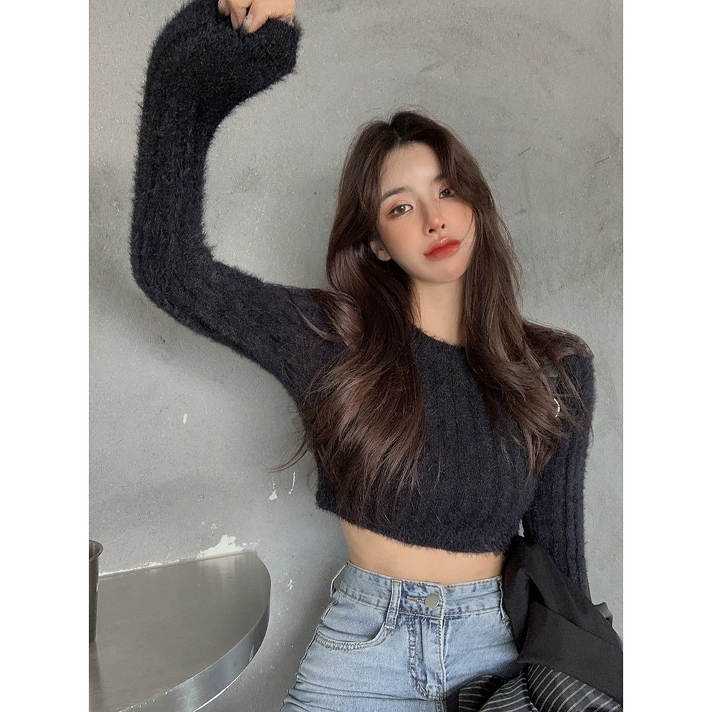 Áo len tay dài cổ tròn croptop ôm body hở bụng rốn ulzzang ( 4 màu )