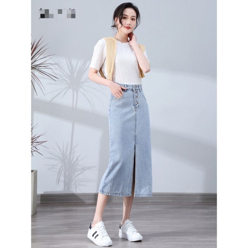Chân Váy Jean Cạp Cao Dài Qua Gối Xẻ Trước Nút Cài Dáng A_A2