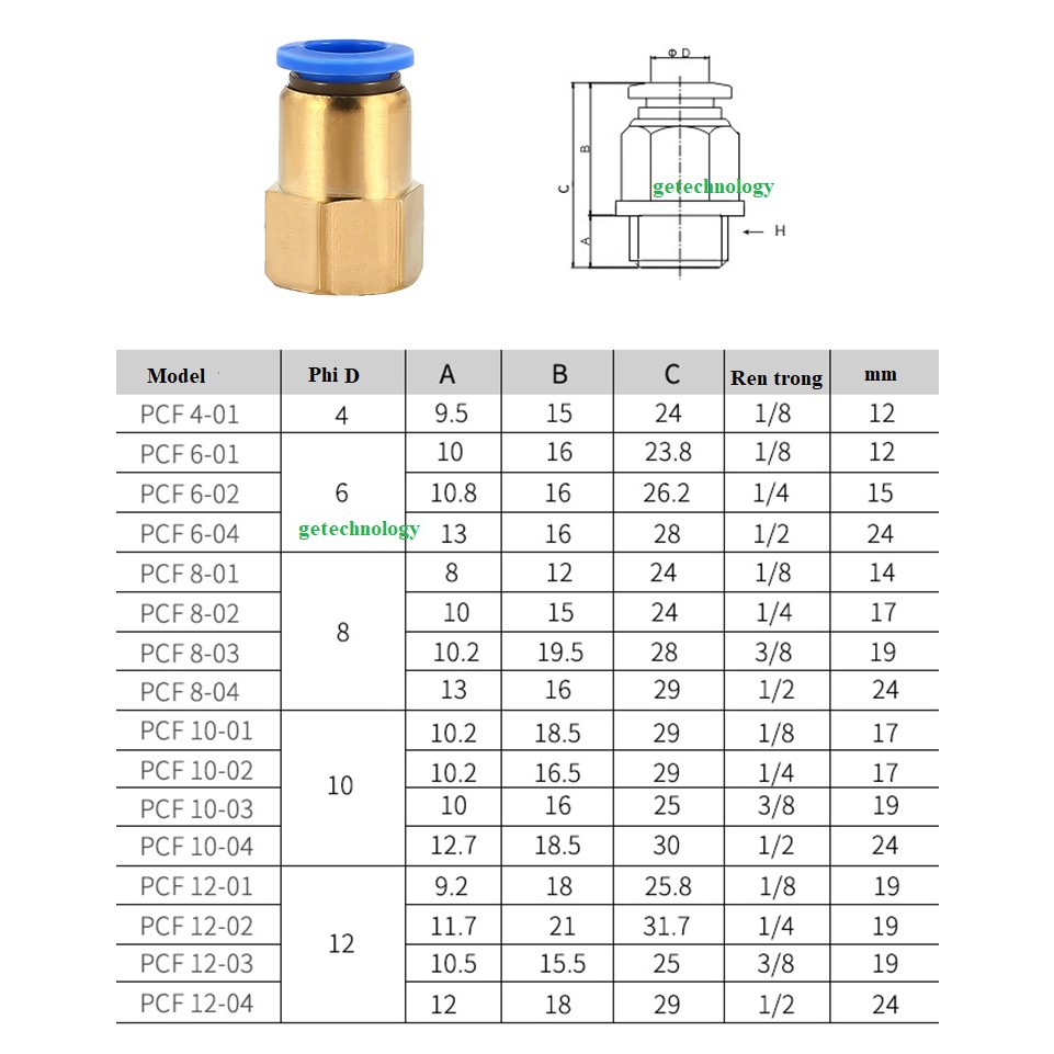 Đầu nối nhanh PCF đầu nối thẳng ren trong PCF [PCF NỐI ỐNG MỀM] Ren trong nối nhanh một đầu cắm ống nhựa PU khí nén