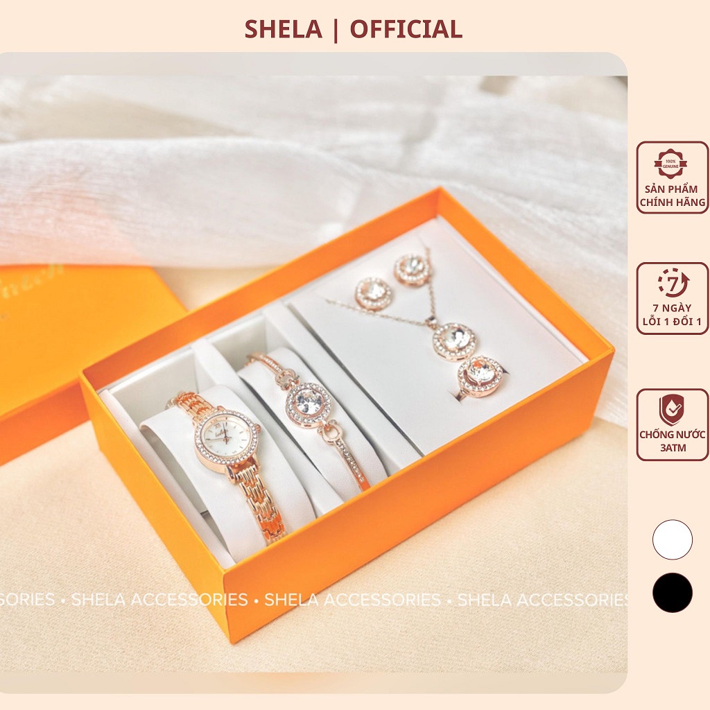 Đồng hồ nữ chính hãng set 5 món dây kim loại mặt tròn đính đá cao cấp chống nước 3ATM làm quà tặng đẹp LUSHIKA LK03