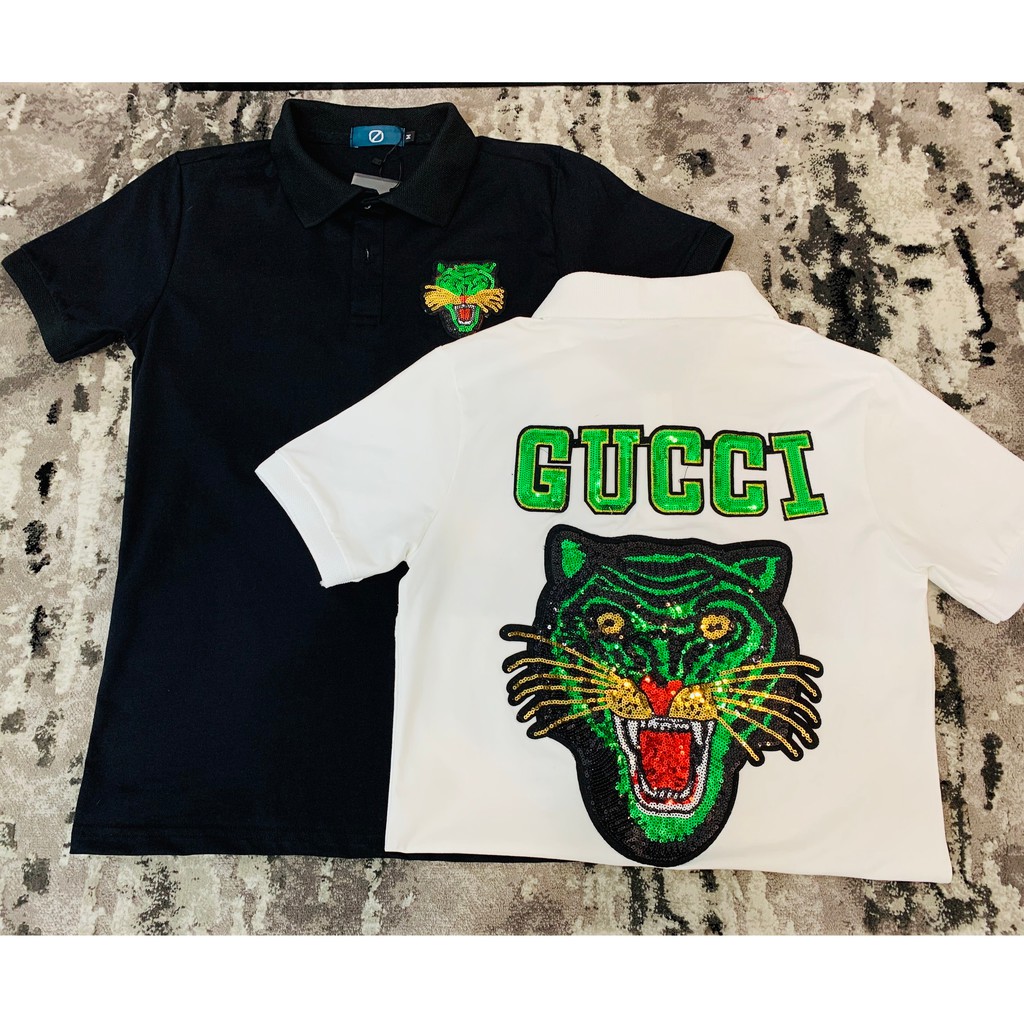 (CÓ VIDEO) Áo thun nam đính kim sa đầu hổ có cổ tay ngắn vải đẹp co dãn 2 màu trắng đen cao cấp