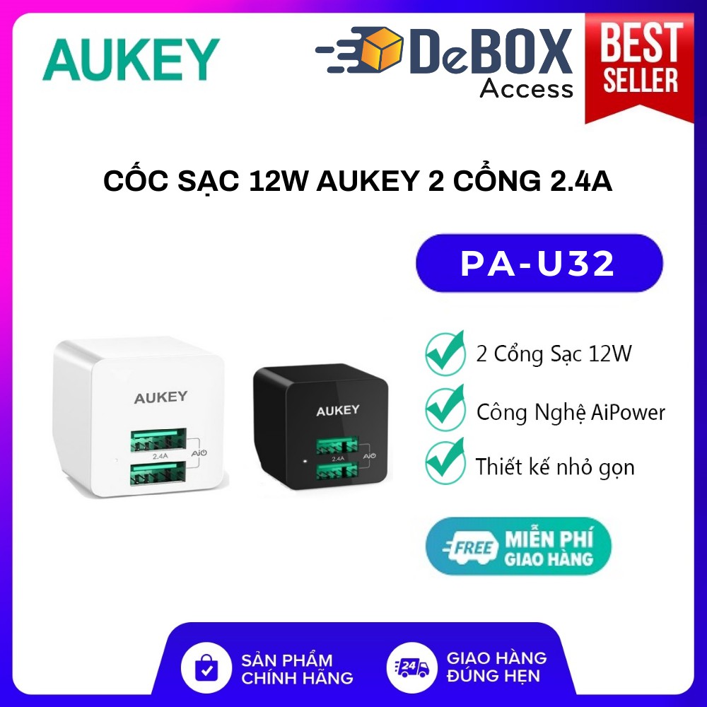 Cốc Sạc Aukey PA-U32 2 cổng 2.4A 12W Công Nghệ AiPower - BH 24 tháng Chính Hãng