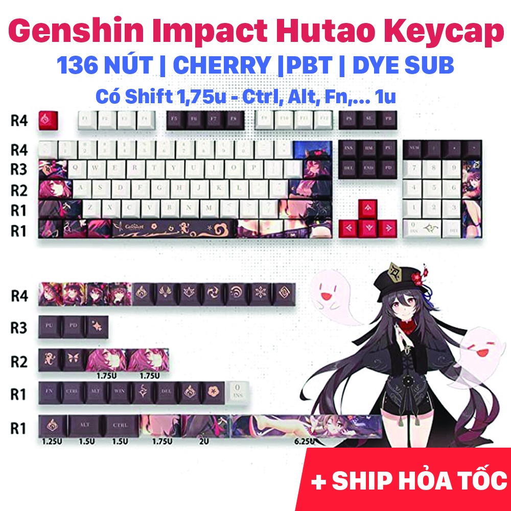 Keycap Genshin Impact nhân vật Hutao nhựa PBT, profile Cherry, in Dye Sub, 136 nút phù hợp các loại layout