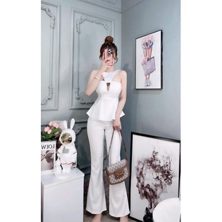 Set quần loe + áo peplum chéo cổ