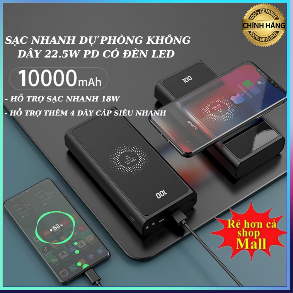 Sạc nhanh dự phòng không dây 10000mah nhỏ gọn SẠC NHANH 22.5W PD có đèn LED cho iPhone 12 Samsung Xiaomi Huawei, v.v.