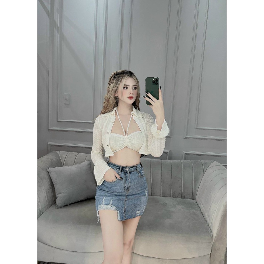 Áo croptop nữ 2 dây v yếm rút ngực kèm áo tay dài ngoài 4 màu cực đẹp cho cô nàng năng động oa
