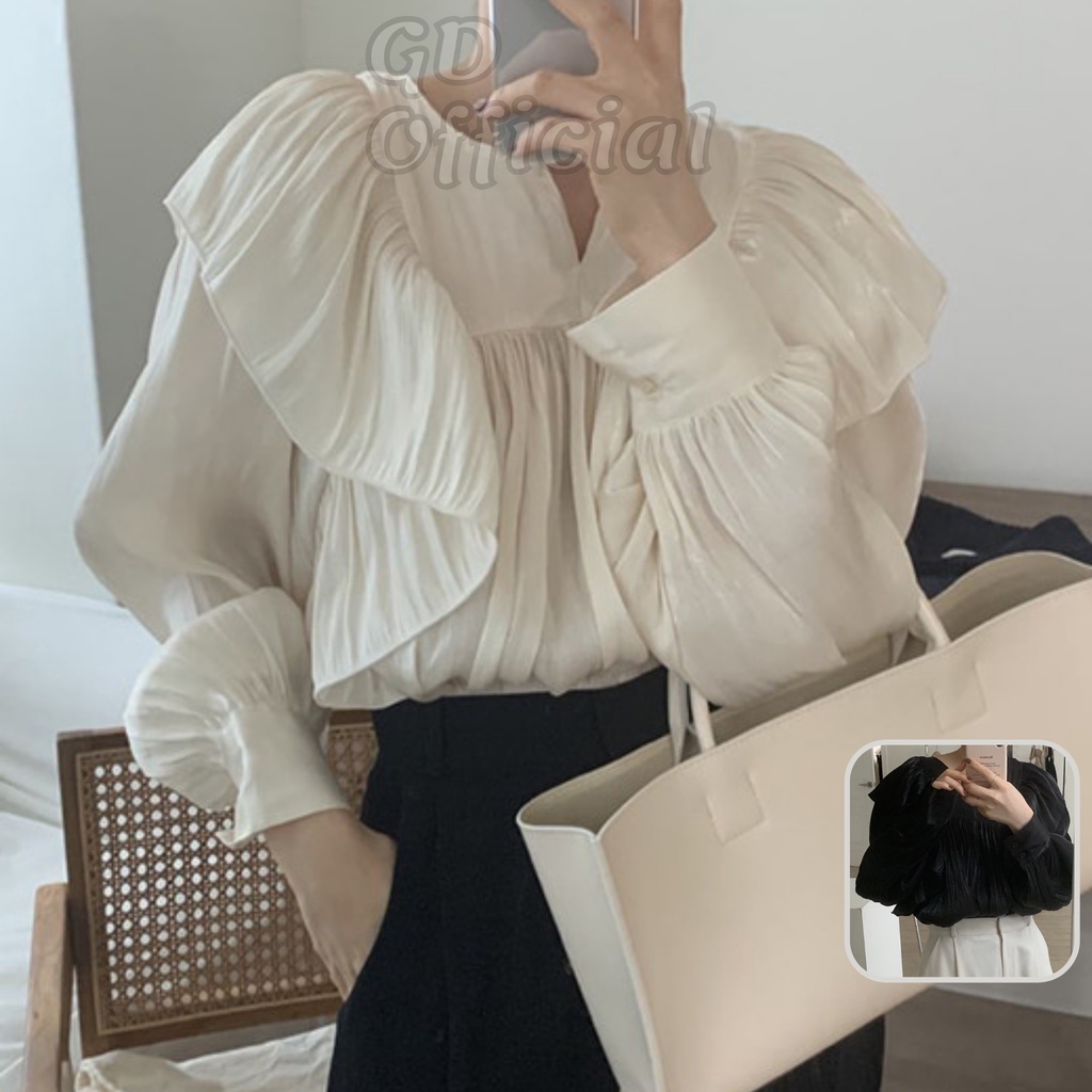 A61|Áo sơ mi công sở nữ dài cổ V tầng polo voan tay phồng suông rộng thụng trơn thanh lịch trắng đen basic GD Official