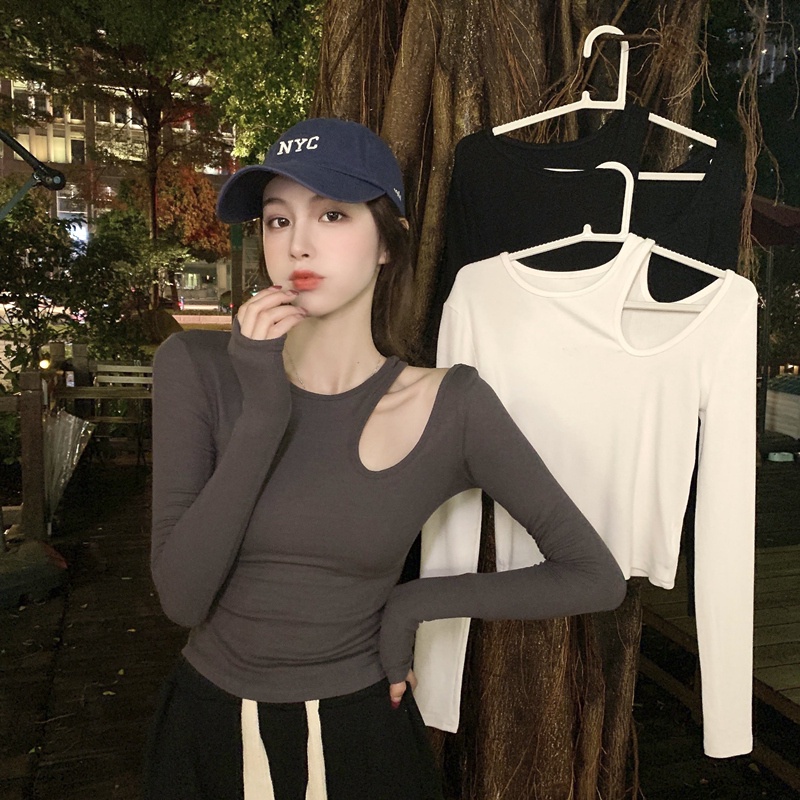 SUXI Áo thun croptop tay dài màu trơn dáng ôm quyến rũ dễ phối đồ hợp thời trang phong cách Hàn Quốc