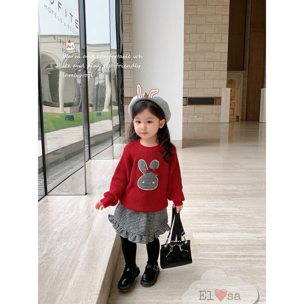 Set áo thêu thỏ kèm chân váy dạ siêu xinh cho bé 1-8 Tuổi