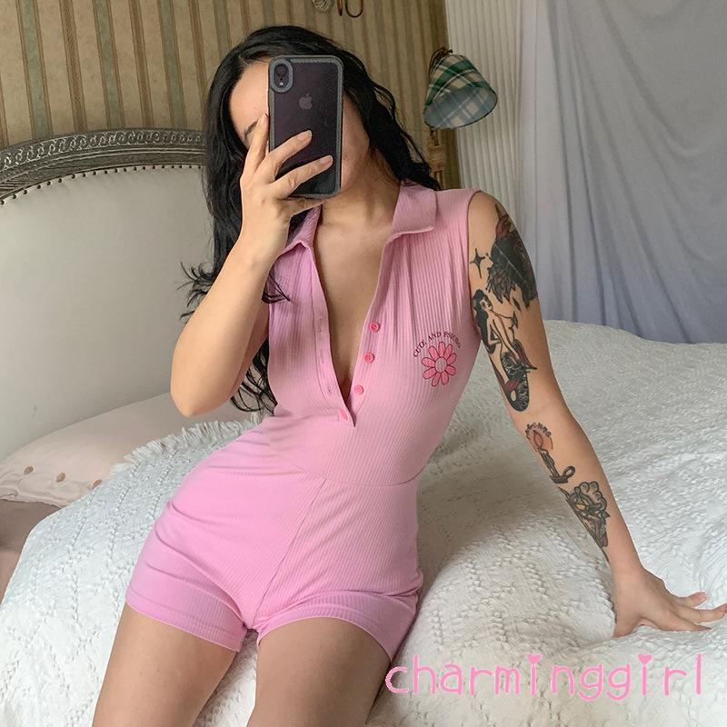 Áo liền quần Sát Nách Cổ Bẻ Dáng Ôm In Họa Tiết Hoa Phối Hàng Nút Thời Trang Mùa Hè Cho Nữ