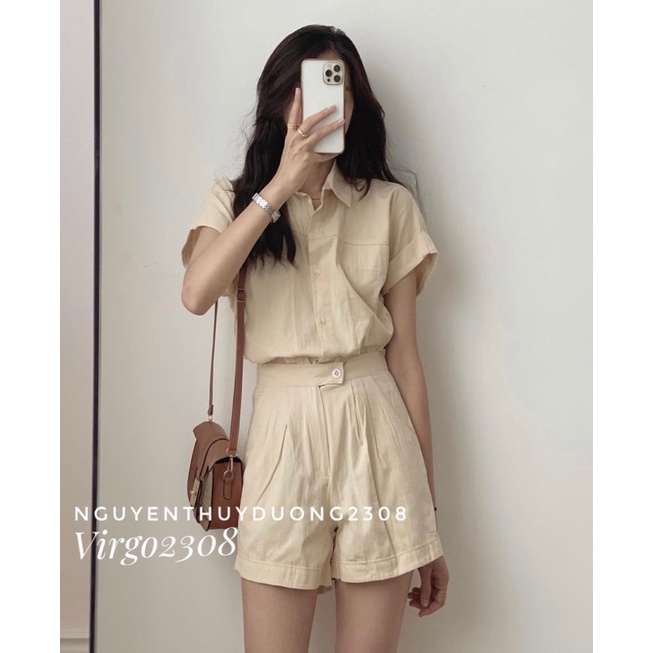 [Ảnh thật/Sẵn]Set áo croptop thô tay gập mix sooc siêu xinh