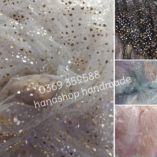 Vải Voan Lưới Kim Tuyến Tim Vàng Lấp Lánh Khổ Rộng 1,5m