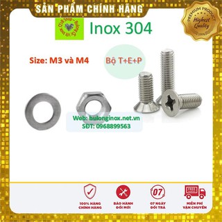 Vít pake đầu bằng inox size M3 và M4 (Bộ TEP) , ốc 4 cạnh đầu  non inox, ốc vặn tua vít đầu bằng thân bulong, inox 304