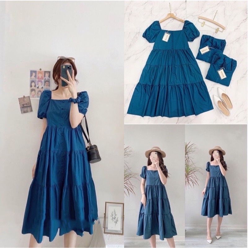 Váy bầu CỔ VUÔNG MAMADRESS mặc được 2 kiểu trễ vai thời trang thiết kế xinh xắn