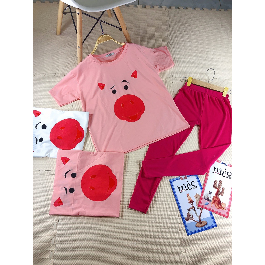 [Chuyên Sỉ] Bộ thun heo hồng quần legghing dài, vải cotton mềm mịn và quần co dãn dày dặn.