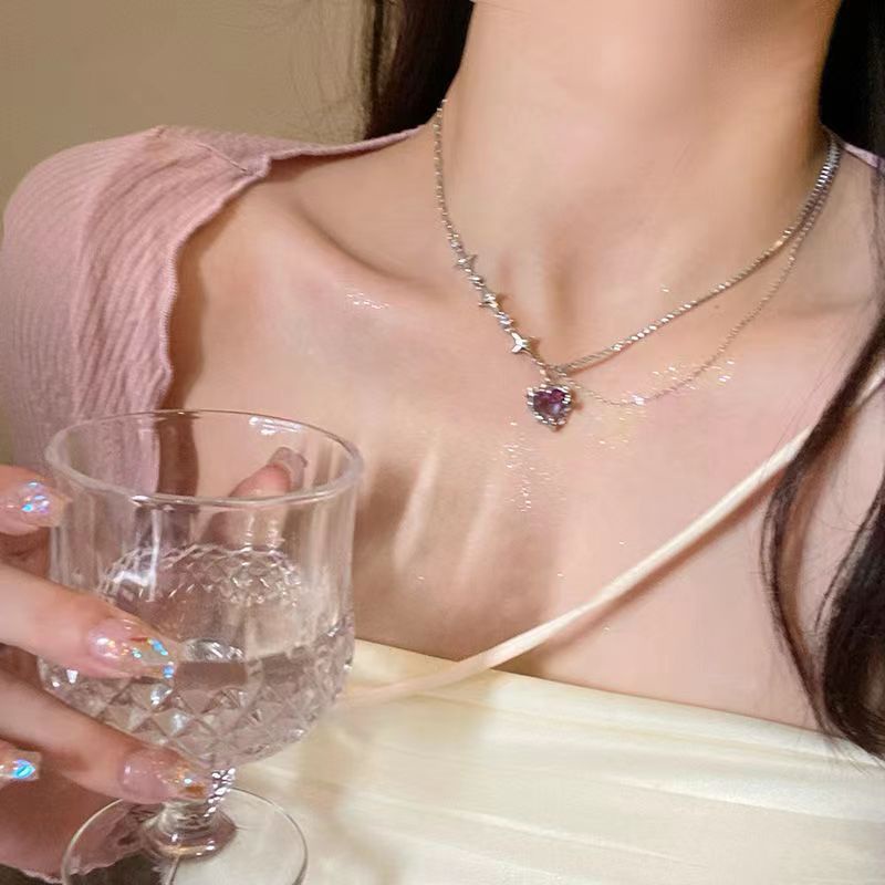 Vòng cổ Mặt Trái Tim Đính Đá zircon Hồng Phong Cách Hàn Quốc