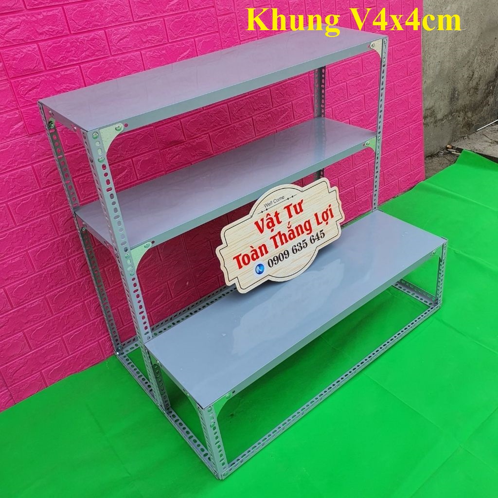 Kệ sắt V lỗ bậc thang ( 2 bậc _ 3 tầng, kệ mâm sắt ) V4x4cm làm khung