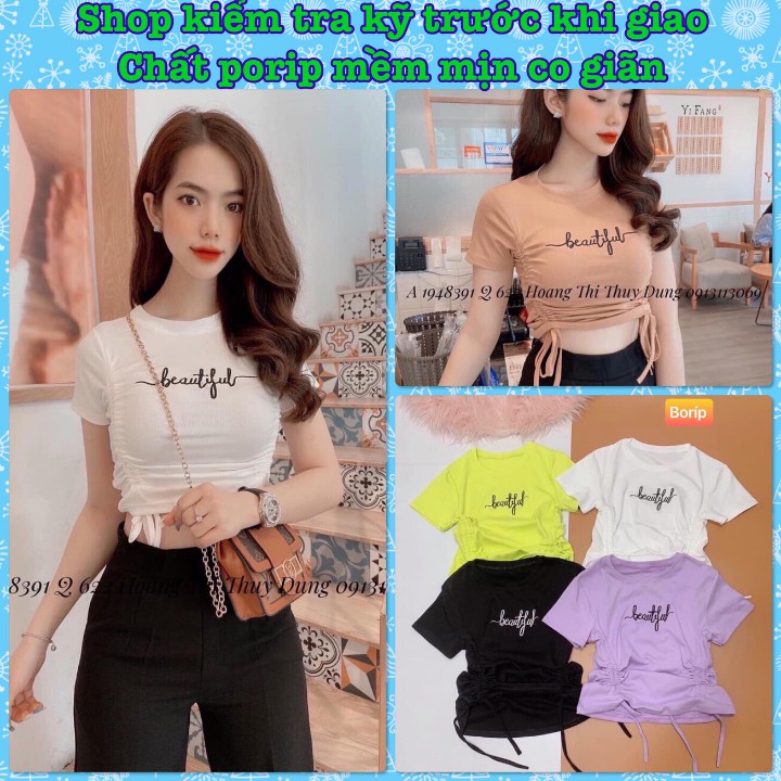 Áo Croptop Kiểu Rút Dây Vải Porip Mềm Mịn In Chữ Thời Trang