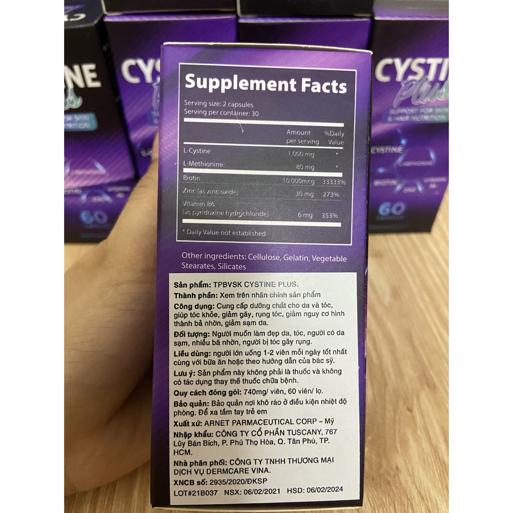 [ CHÍNH HÃNG] Cystine Plus-Viên uống giảm mụn, ngăn rụng tóc và giảm sắc tố Supplement Fact Cystine Plus