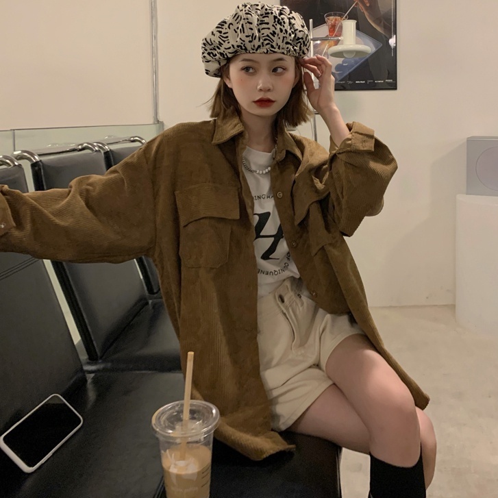 Áo Khoác Nhung Kẻ Dáng Rộng Phong Cách Retro Hàn Quốc Thời Trang Mùa Thu Dành Cho Nữ