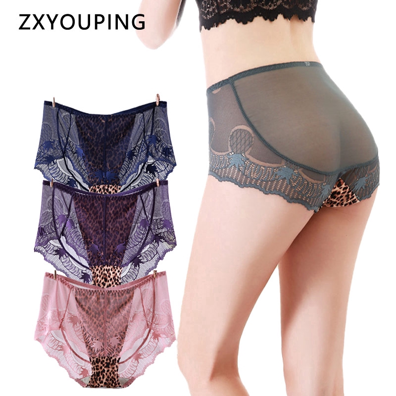 Plus Size Mesh Yarn High Waist Panties Women Lace Underwear Briefs Leopard Sexy Lingerie Breathable Transparent [120-330 Kg]