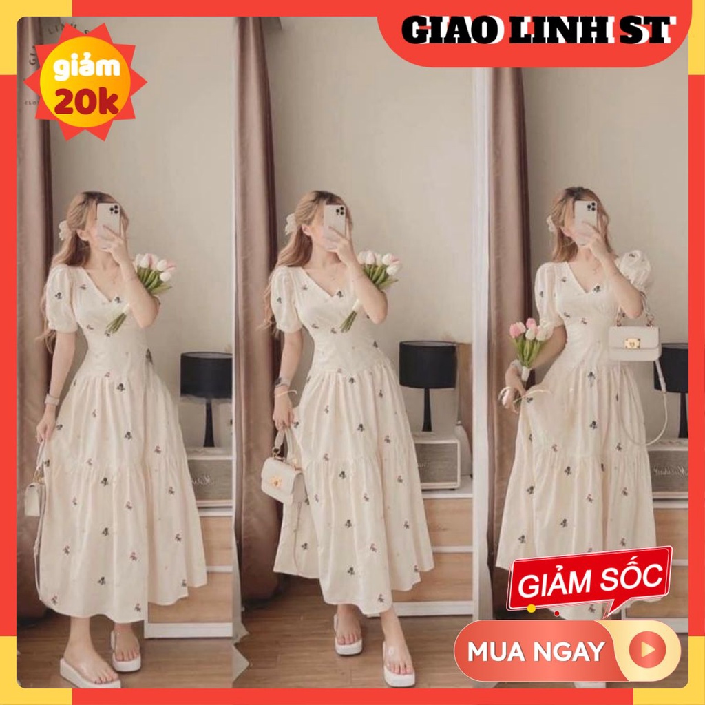 Đầm suông dài qua gối dự tiệc sang trọng cổ V tay phồng voan ngắn tay thêu hoa nhí cột nơ sau lưng kèm ảnh thật