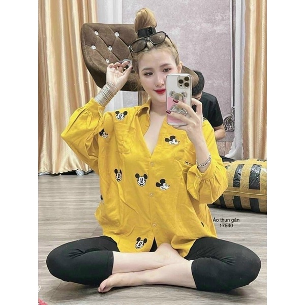 Sét bộ thời trang nữ mặc đi chơi chất kate lụa in mickeyy tay dài mix quần ôm tici