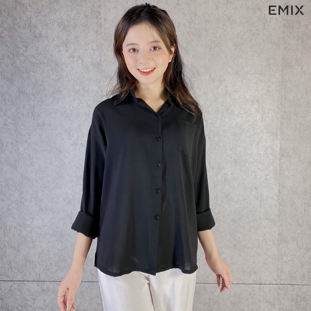 Áo sơ mi nữ túi trước ngực 5 màu EMIX (5 màu), ulzzang, dài tay, form rộng, vải mềm mát không nhăn | BigBuy360 - bigbuy360.vn