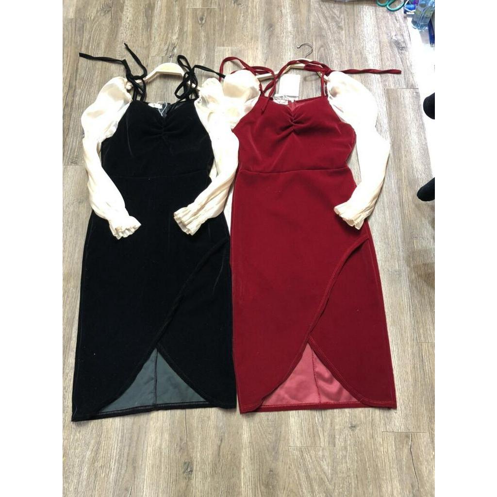 Váy nhung body pha tay nhũ ánh rúm ngực