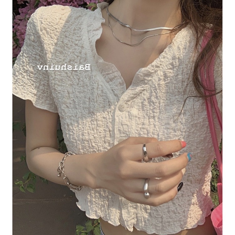 MS693 Áo kiểu nữ croptop xốp nhăn viền bèo cổ tim
