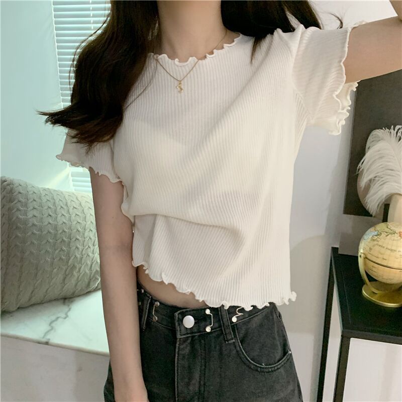 Áo thun dệt kim lụa băng tay ngắn vừa vặn viền nhún bèo thời trang cho nữ
