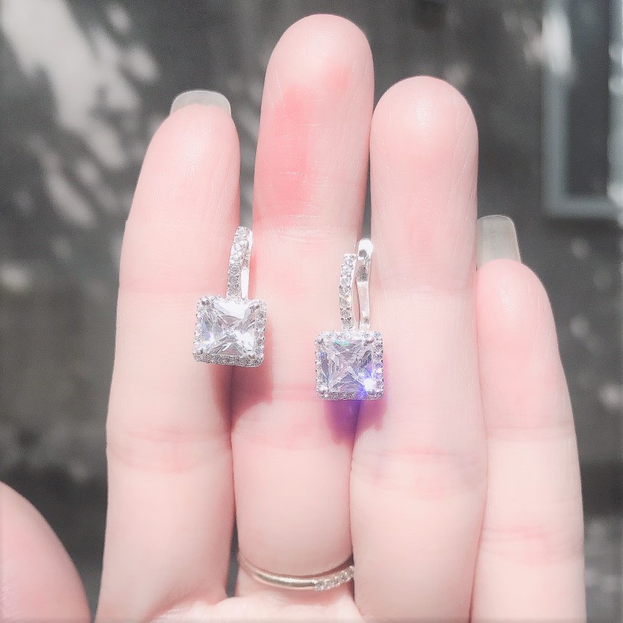 Bông tai bạc nữ hình vuông đính đá li to, Chất liệu bạc ta sang trọng - Trang sức bạc Evasilver