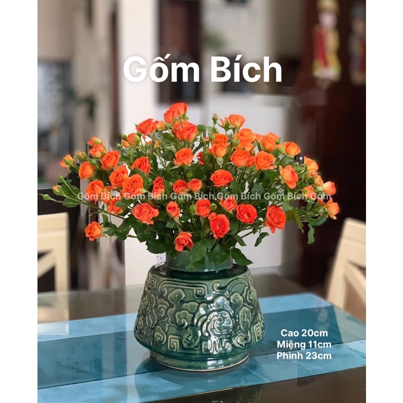 Bình Hoa Lọ Hoa Men Ngọc Khắc Hoa Sen Nổi - Gốm Sứ Bát Tràng - Decor Nội Thất Văn Phòng