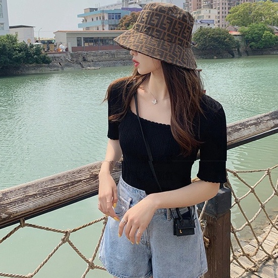 Áo kiểu ZHELIHANGFEI dệt kim tay ngắn thiết kế quyến rũ thời trang trẻ trung dành cho nữ