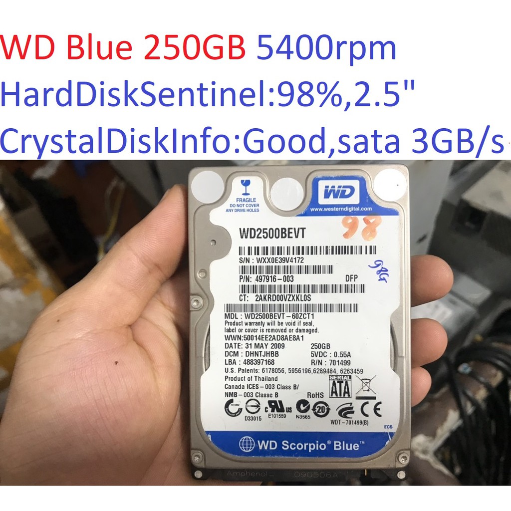 ổ cứng cho laptop WD Blue 250GB 5400RPM sata 2 3 GB/s 2.5 &quot; inch 9mm hdd 98% Good WD2500BEVT