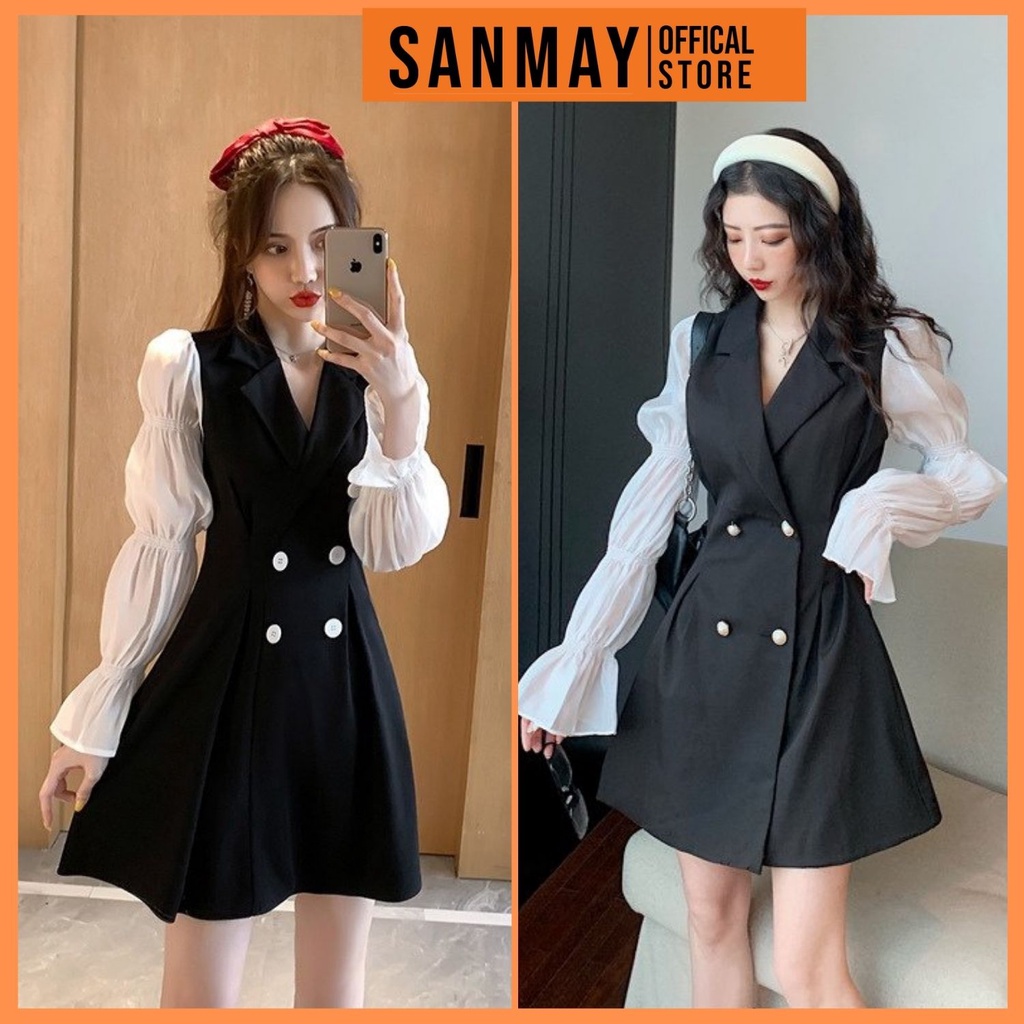Đầm Đi Tiệc Cưới SANJOLI Váy công sở Ôm Dáng Cổ Sơ Mi Thiết Kế Tay Bo Nhún Sang Trọng Kểu Dáng Hàn Quốc VD052