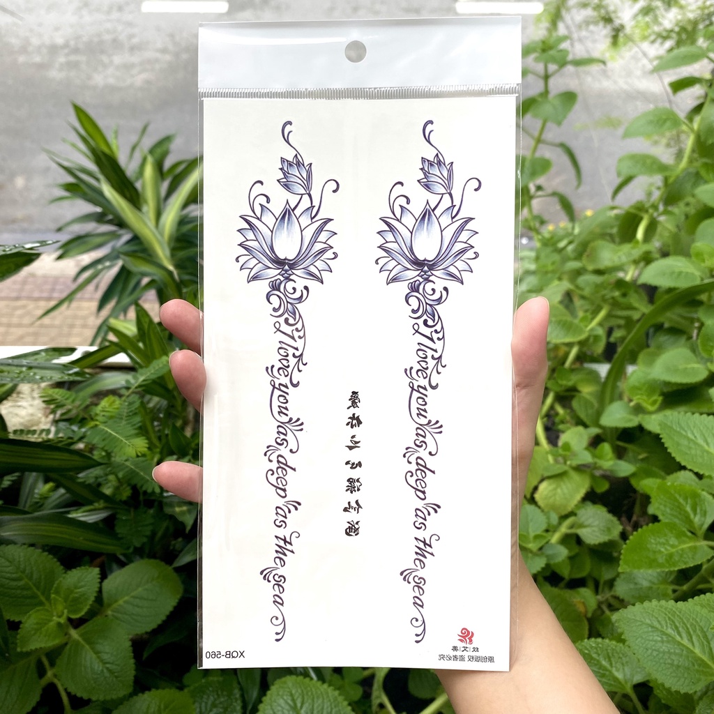 Hình dán tạm thời hoa sen biến tấu chữ tiếng anh (hình dọc) XQB560 - miếng dán hình xăm tatoo đẹp d