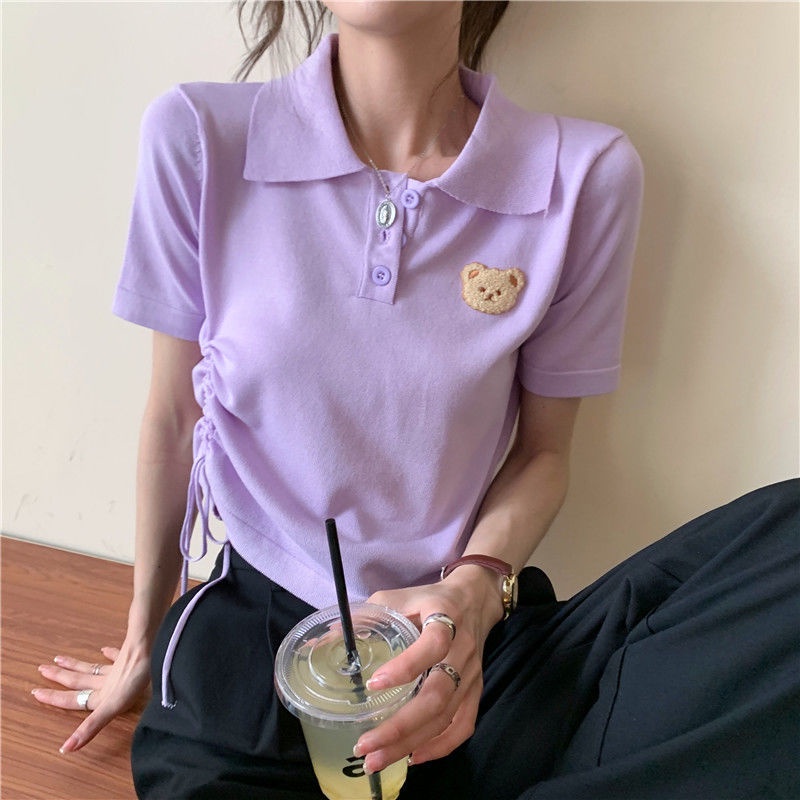 Áo polo Tay Ngắn Phối Dây Rút In Hình Gấu Trắng Thời Trang Mùa Hè Mới Dành Cho Bạn Nữ