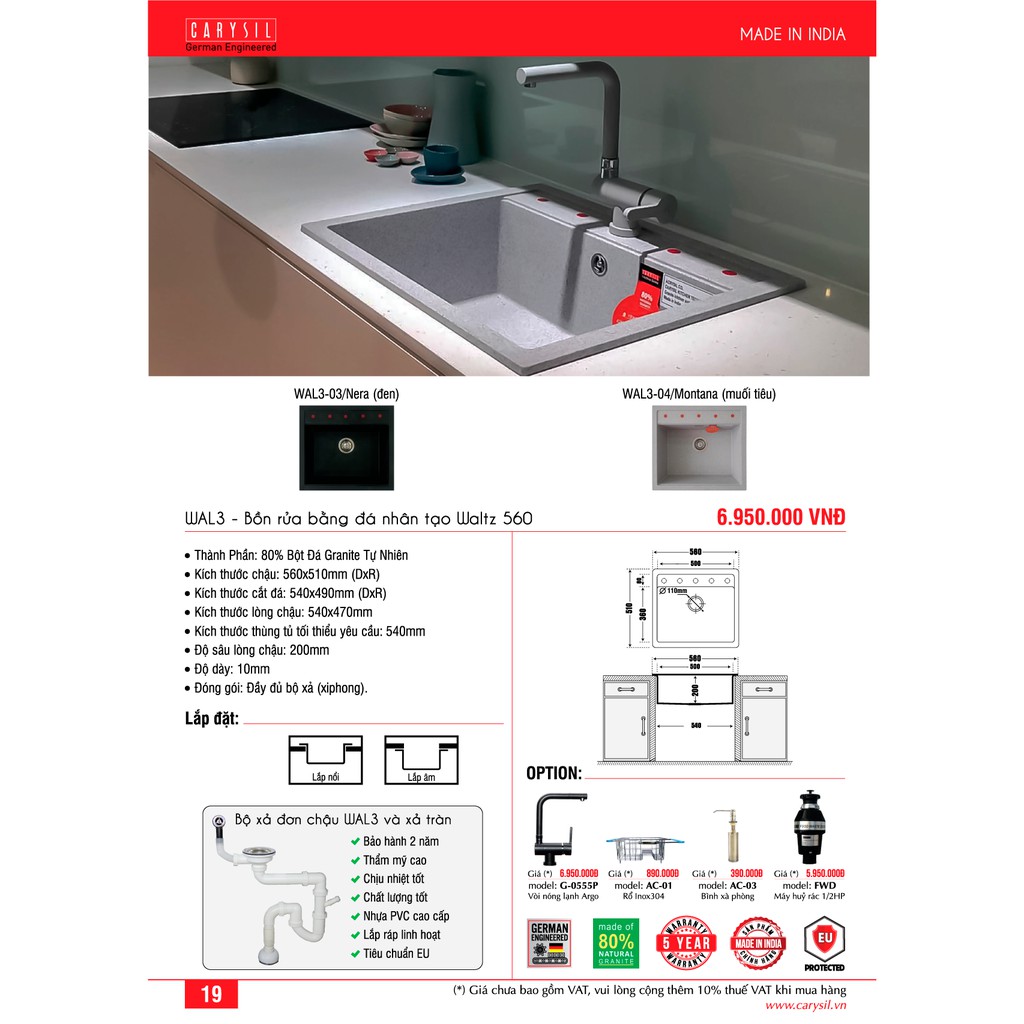 CARYSIL - Chậu Rửa Bát Đơn Bằng Đá Granite - WAL3-03 - Chuyên Lắp Quầy Bar / Đảo Bếp - Màu Đen - 560x510mm