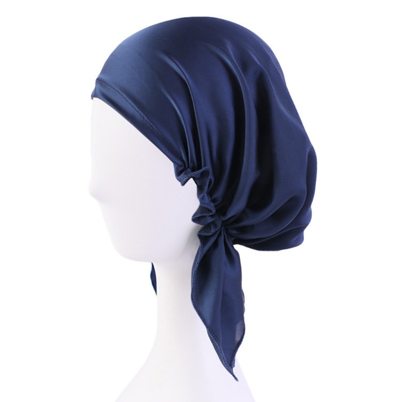 Mũ Trùm Đầu Bằng Satin Co Giãn Màu Trơn Kèm Dây Ruy Băng Chống Rụng Tóc Khi Ngủ Cho Phụ Nữ Hồi Giáo