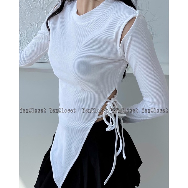 [Freeship - Hình chụp thật] Áo cutout cột nơ eo tay dài