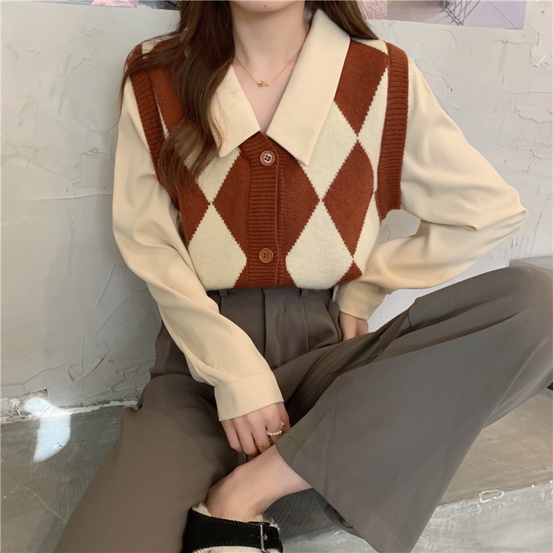 Áo len ZHELIHANGFEI tay dài giả hai lớp cổ polo dáng rộng họa tiết sọc caro dễ phối đồ