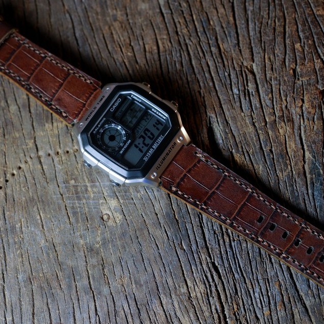 Dây đồng hồ RAM Leather 1928 cho CASIO 1200, AE 1200, 1300, 1100, A159 , A168 , Size 18 da bò vân cá sấu