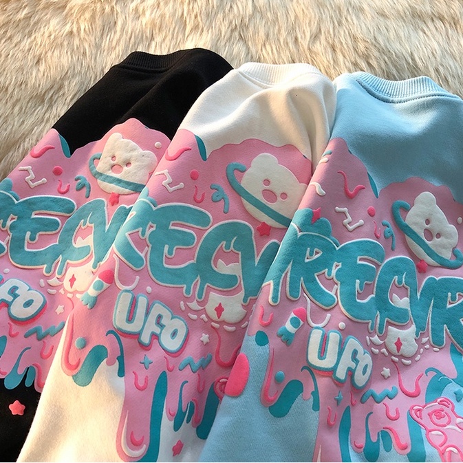 【HangFei】Áo Thun Nỉ Tay Dài Dáng Rộng In Hình Gấu Dễ Thương