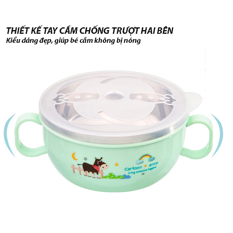 Bộ bát thìa inox cách nhiệt hai lớp có tay cầm và nắp đậy cho bé tập ăn