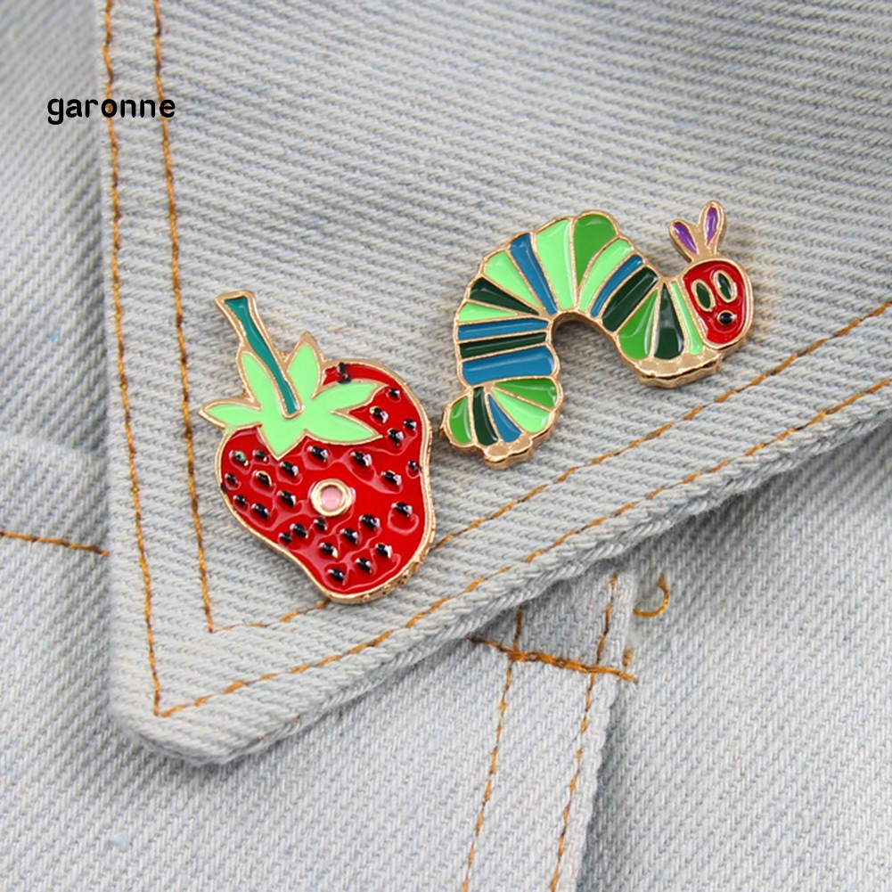 GA_Cartoon Strawberry Worm Enamel Badge Collar Lapel Brooch Pin Clothes Jewelry