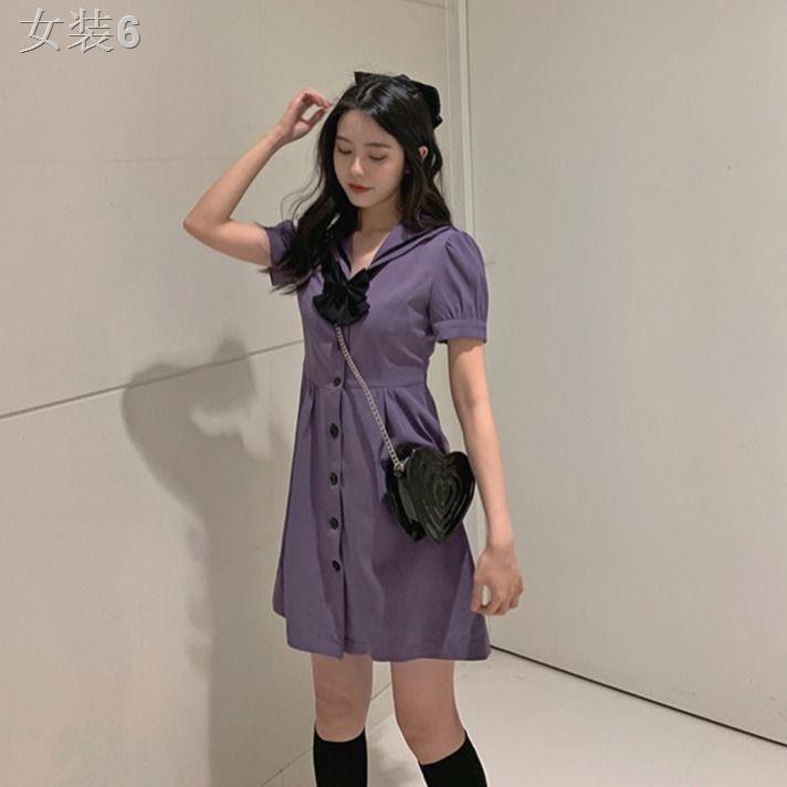 ▧♕☒Áo dài cách tân mùa hè 2021 nữ sinh váy suông màu tím ngọt ngào phiên bản Hàn Quốc chữ A mỏng giữa