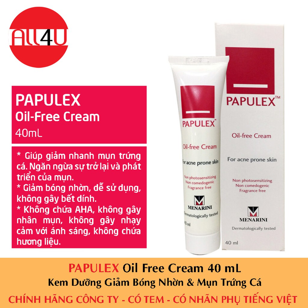 [TEM CTY] PAPULEX Oil Free Cream 40 mL - Kem Dưỡng Giảm Bóng Nhờn & Mụn Trứng Cá.