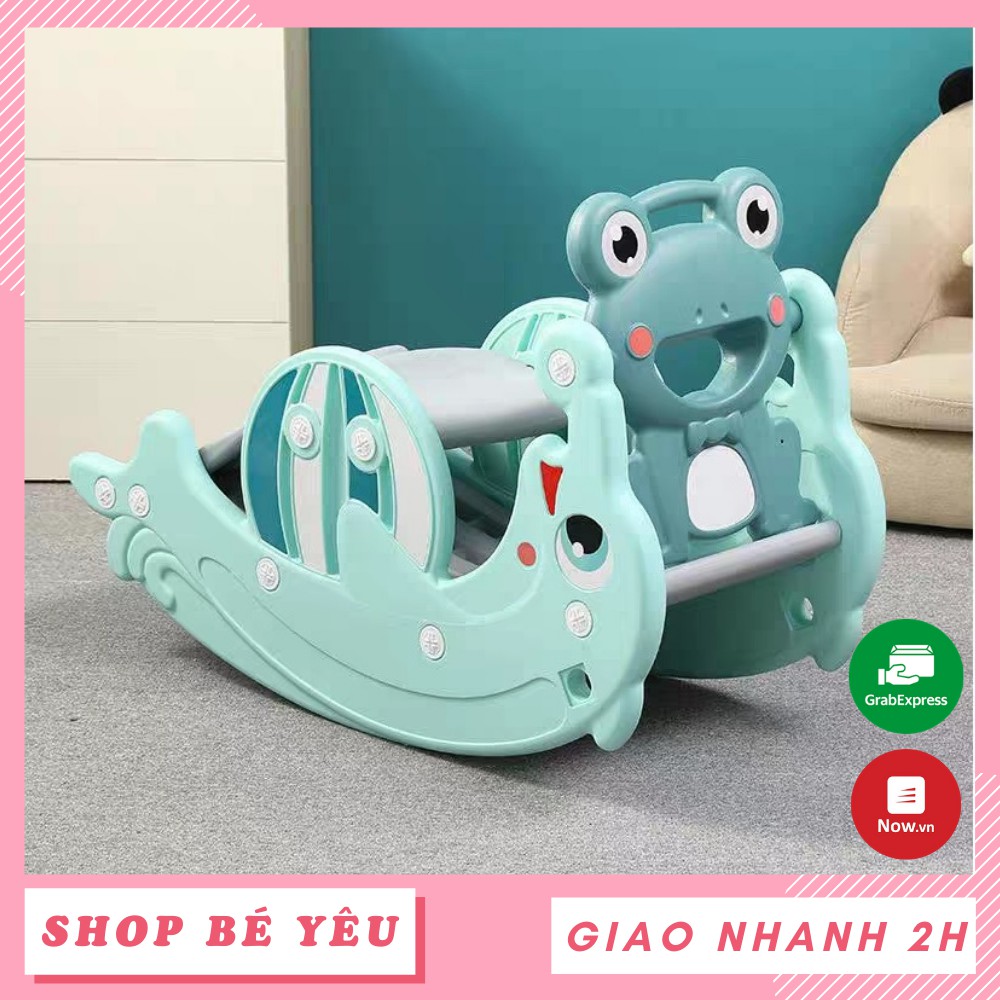 Cầu trượt trẻ em  𝑭𝒓𝒆𝒆𝒔𝒉𝒊𝒑  Đồ chơi cầu trượt 3in1 Cá Heo 9BABY MÀU XANH, biến hình bập bênh và cột bóng rổ