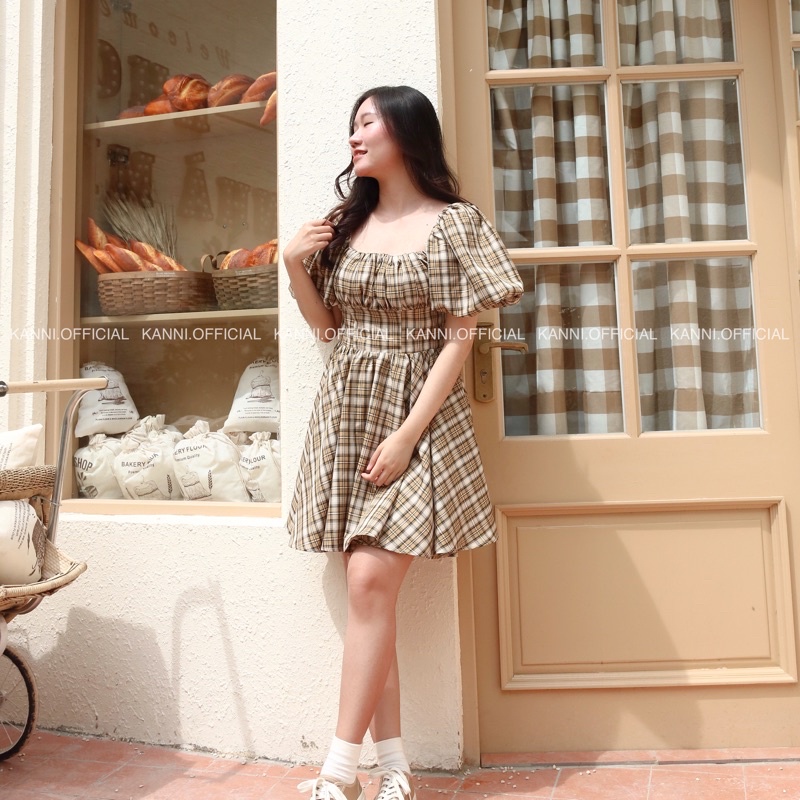 Váy nhún ngực tay bồng kẻ ô - Hana dress KANNI